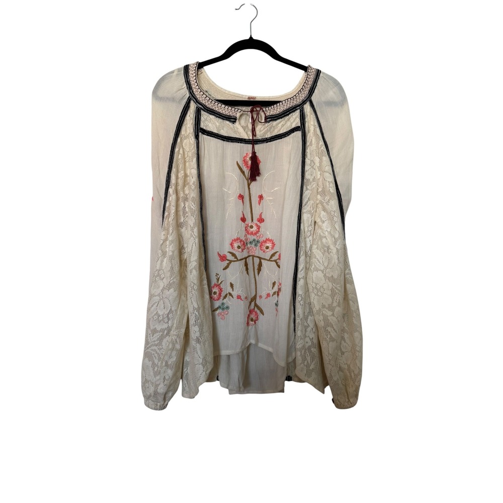 Free People Embroidered Lace Tiger Lily Peasant Blouse Ivory Floral Top M Boho - Picture 2 of 14
